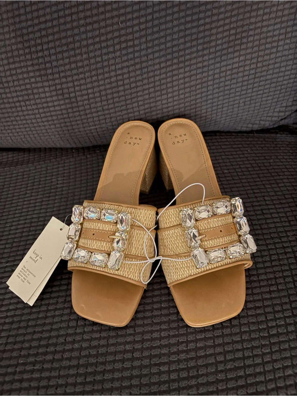 Women’s Tan Crystal-Embellished Slide Sandals